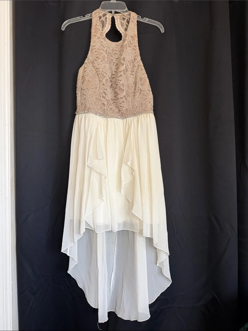 Girls' High-Low Lace Bodice Dress in Beige and Cream